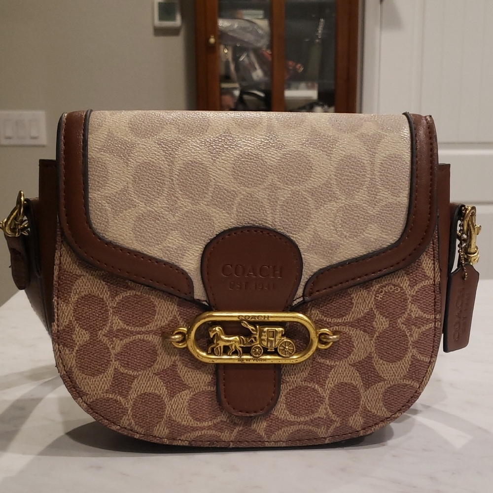 Coach Brown and Cream Crossbody Bag with Signature Monogram Size Small